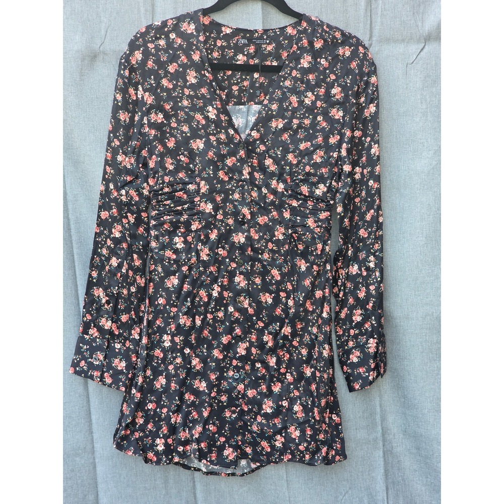 Zara Floral Mini Dress Black Pink Rose Ruched Side Button Long Sleeve Small